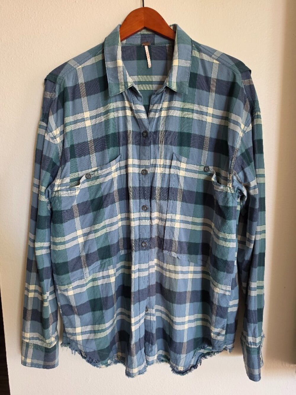Free People Loveland Plaid Frayed Hem Oversized Shirt L